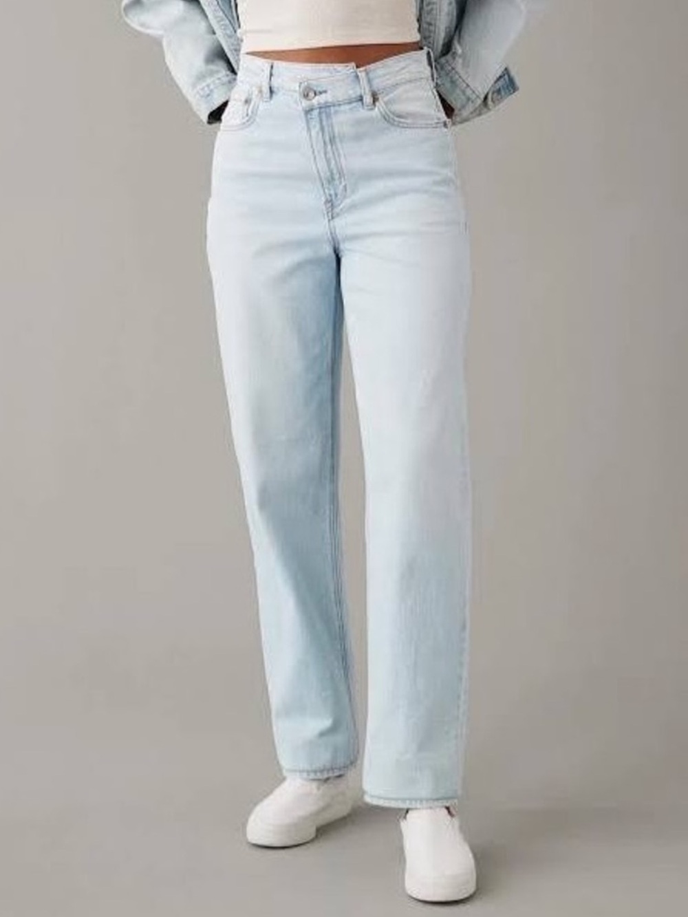 AE Strigid Highest Waist Crossover Baggy Straight Jean Indigo Waters Size 14 NWT